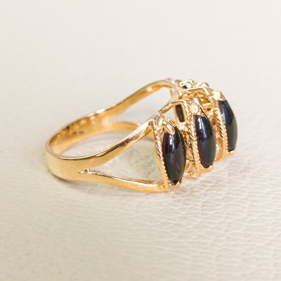 14K Gold 5-Stone Black Coral Ring – Marquise Cabochons, Size 5¼ - Picture 4 of 16